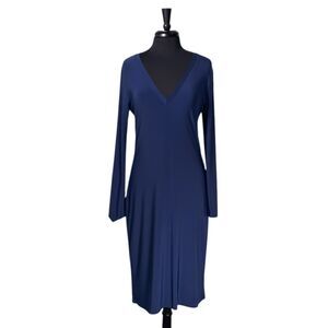 Norma Kamali Women's Maxi Dress Navy Blue Stretch V-Neck Jersey Long Sleeve L